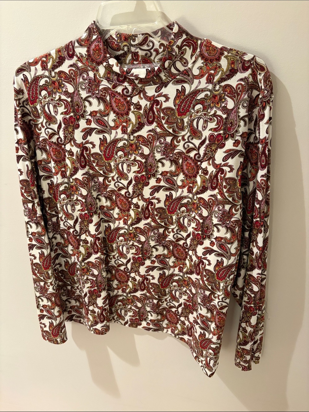 croft & barrow White Long Sleeve Mock Neck Paisley Top - Red/Brown